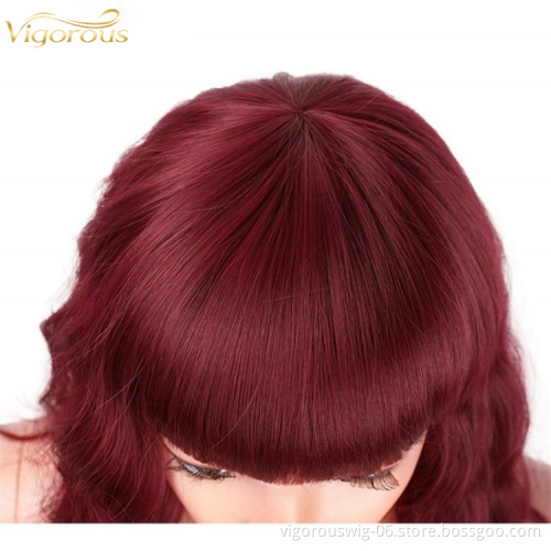 Vigorous 14 inches Natural Wave Wig Wine Red Hair with Bangs Synthetic Short Wig for Women Heat Resistant Fiber Hair